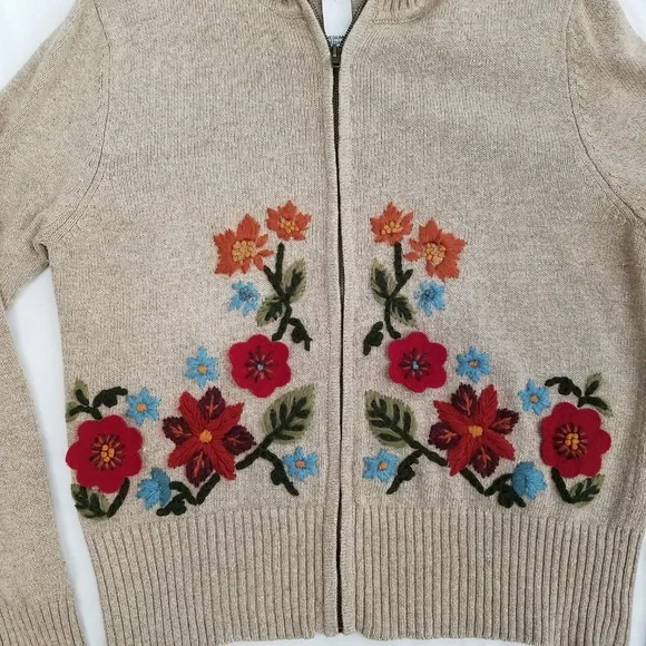 Tiara Int'l cardigan zip front tan floral M - Picture 3 of 8
